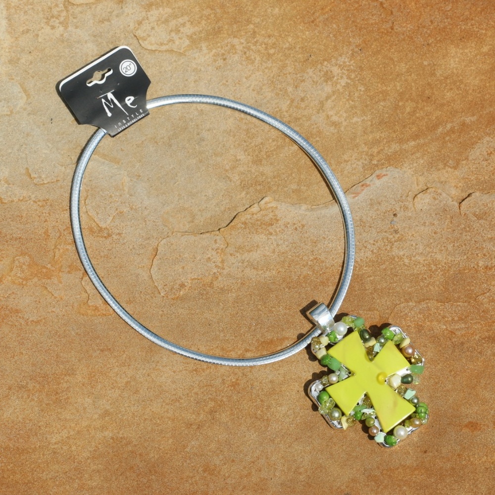 Chunky Boho Cross Necklace Stone Bead Silvertone - Picture 3 of 5